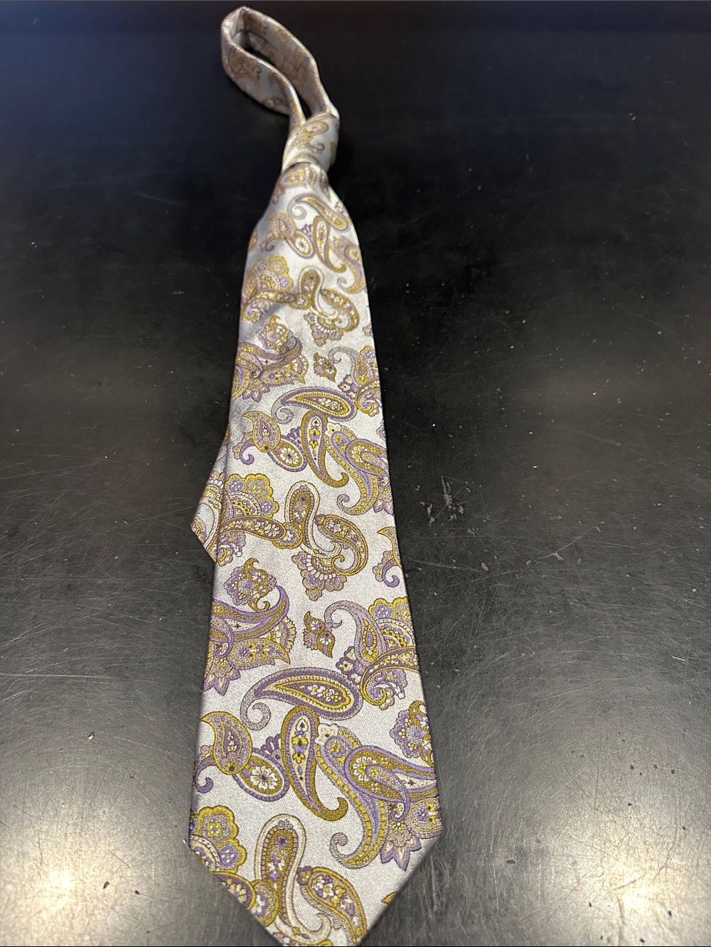 Classic Paisley Silk Tie in Light Gray and Gold/Purple